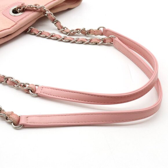 Authentic CHANEL CC Deauville Tote MM Pink White Canvas Chain Shoulder Bag - Picture 4 of 8